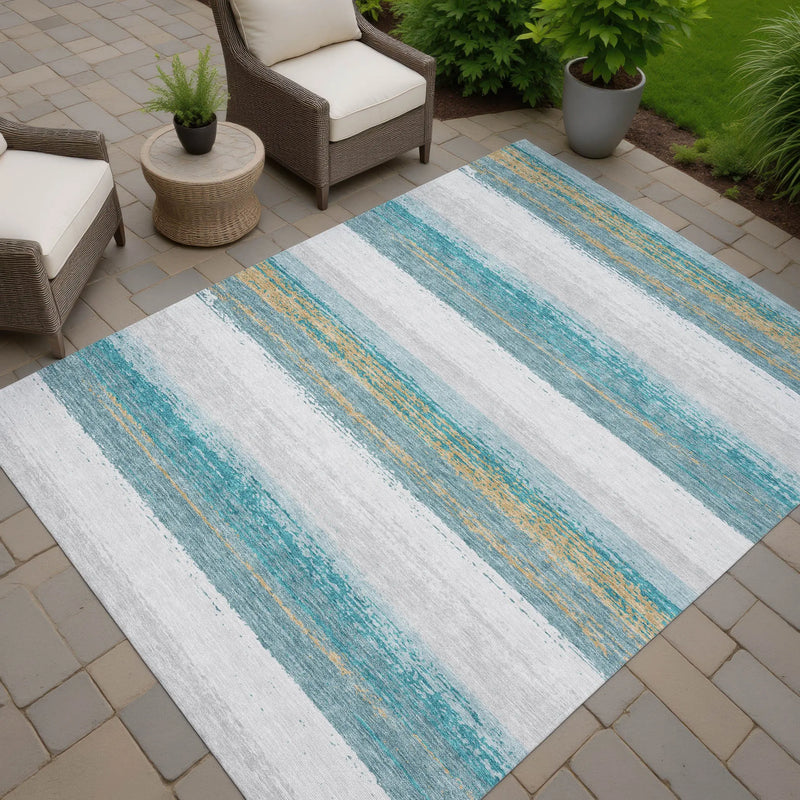 3' X 5' Teal Blue And Gray Striped Washable Indoor Outdoor Area Rug Homeroots Outdoor