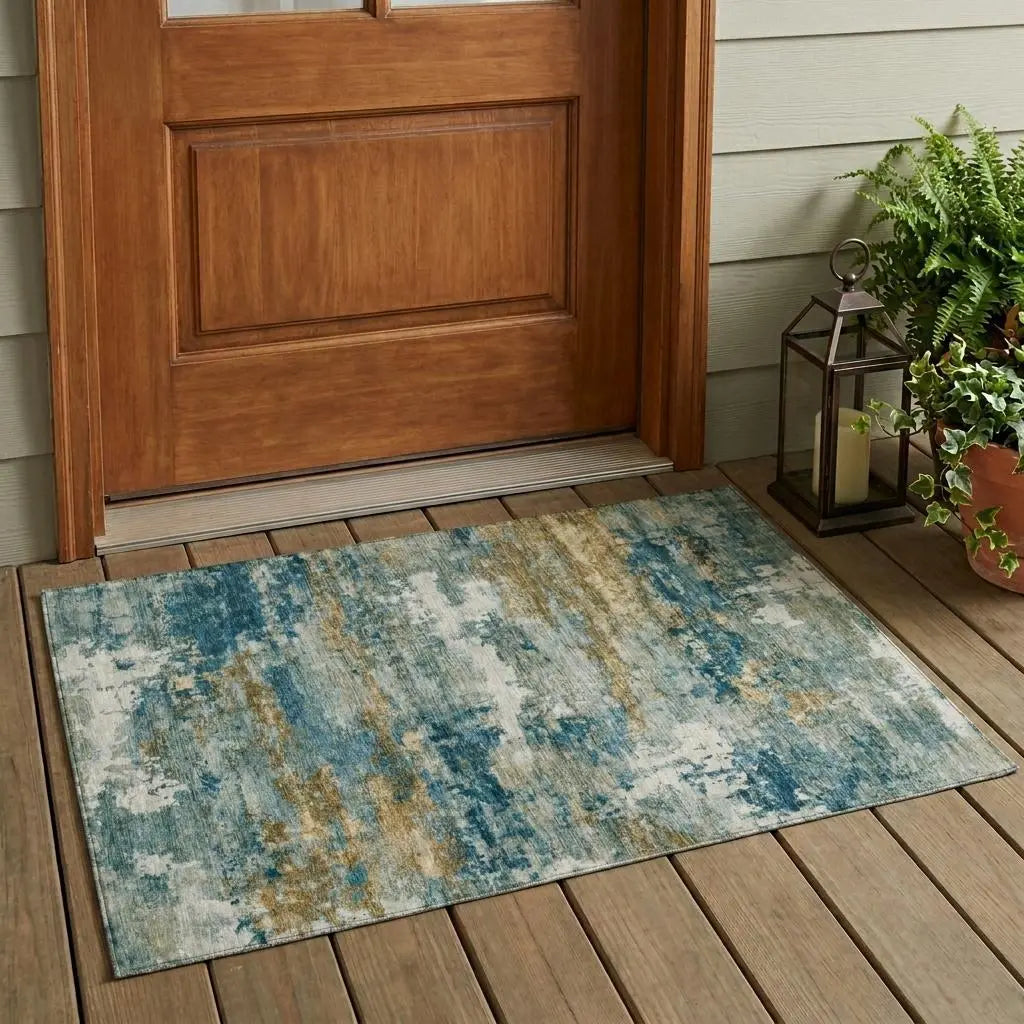 3' X 5' Teal Blue And Green Abstract Washable Indoor Outdoor Area Rug Homeroots Outdoor