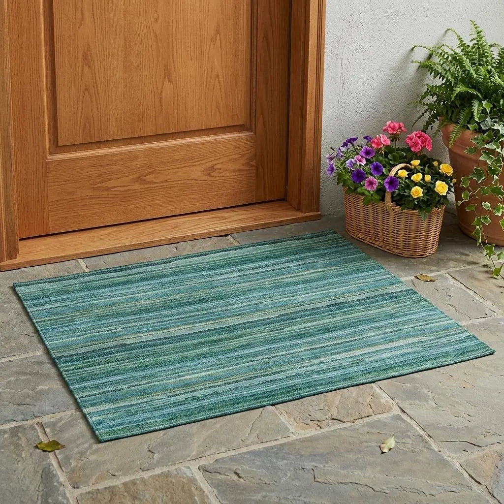 3' X 5' Teal Blue And Green Striped Washable Indoor Outdoor Area Rug Homeroots Outdoor