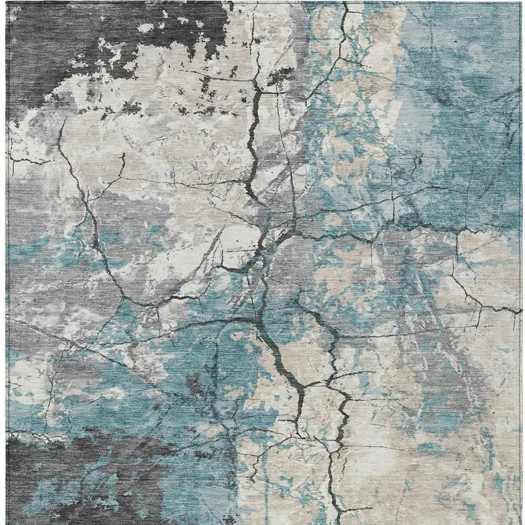 3' X 5' Teal Blue And Ivory Abstract Washable Indoor Outdoor Area Rug Homeroots Outdoor