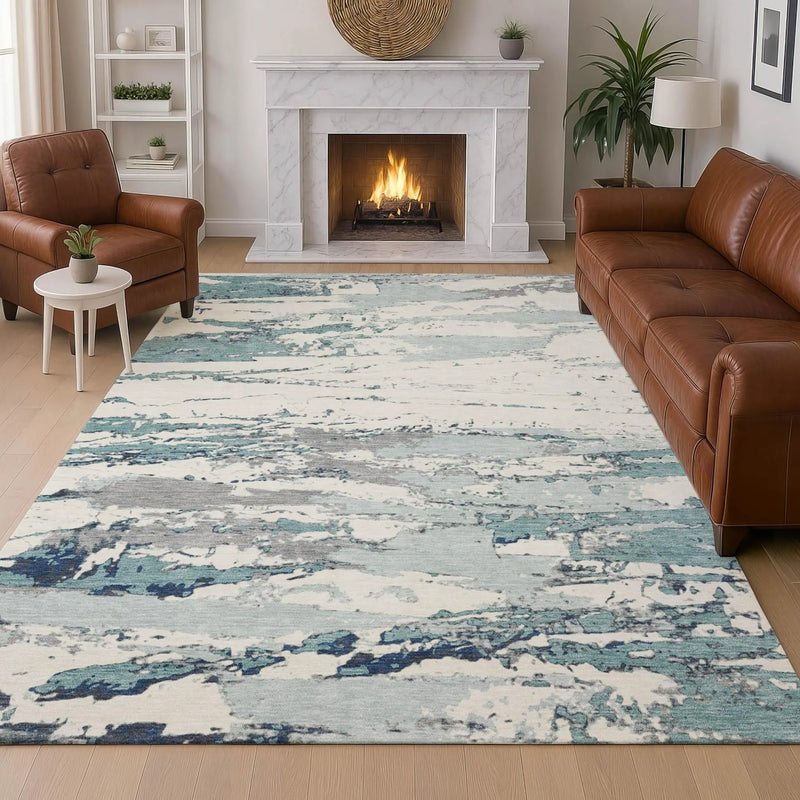 3' X 5' Teal Blue And Ivory Abstract Washable Indoor Outdoor Area Rug Homeroots Outdoor