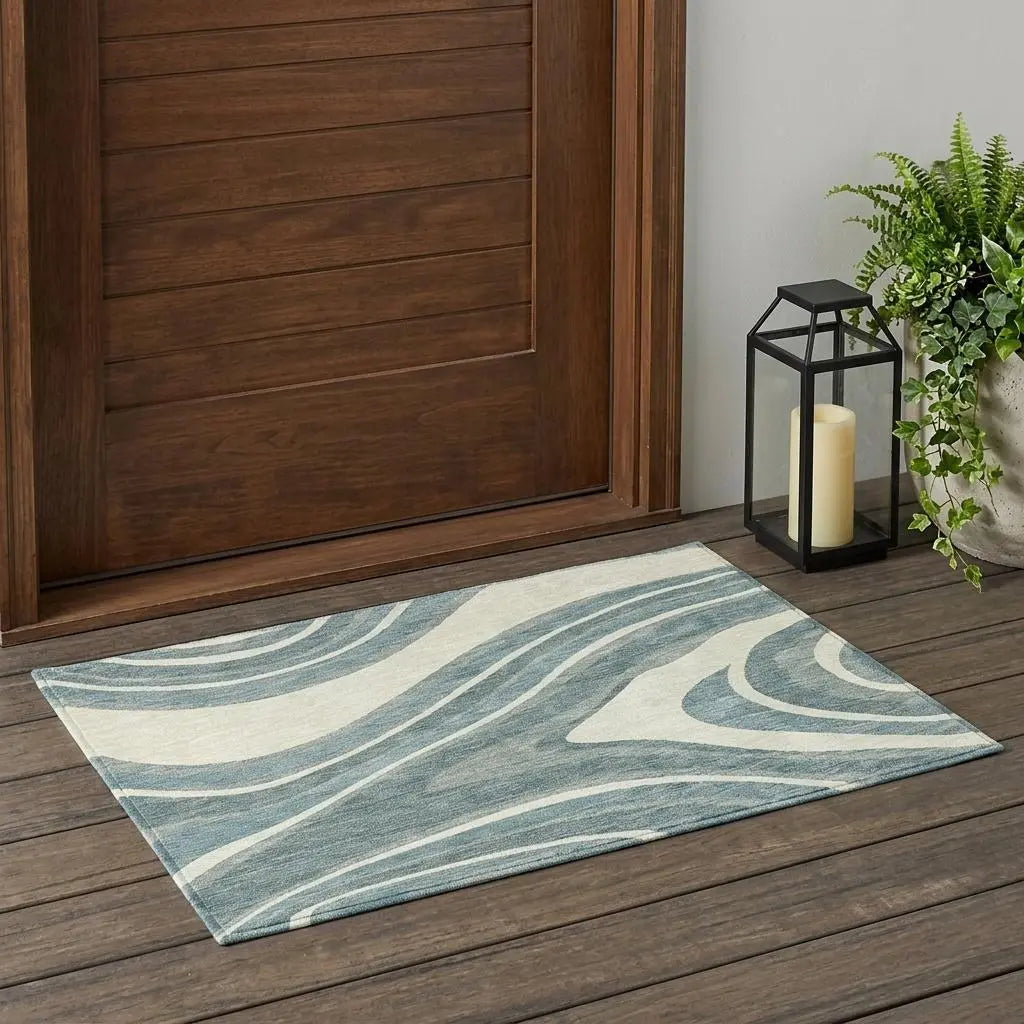 3' X 5' Teal Blue And Ivory Abstract Washable Indoor Outdoor Area Rug Homeroots Outdoor
