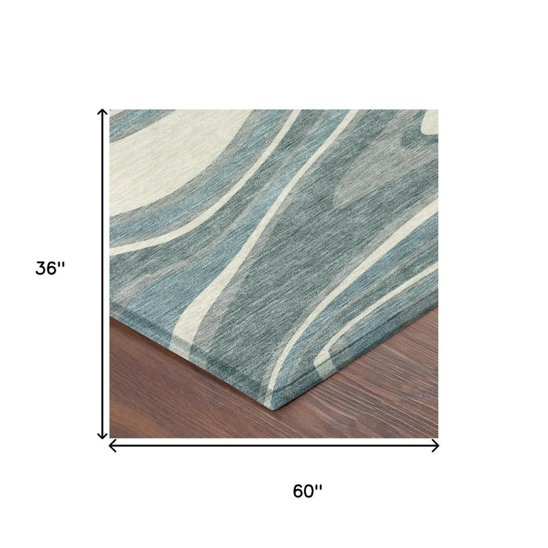3' X 5' Teal Blue And Ivory Abstract Washable Indoor Outdoor Area Rug Homeroots Outdoor