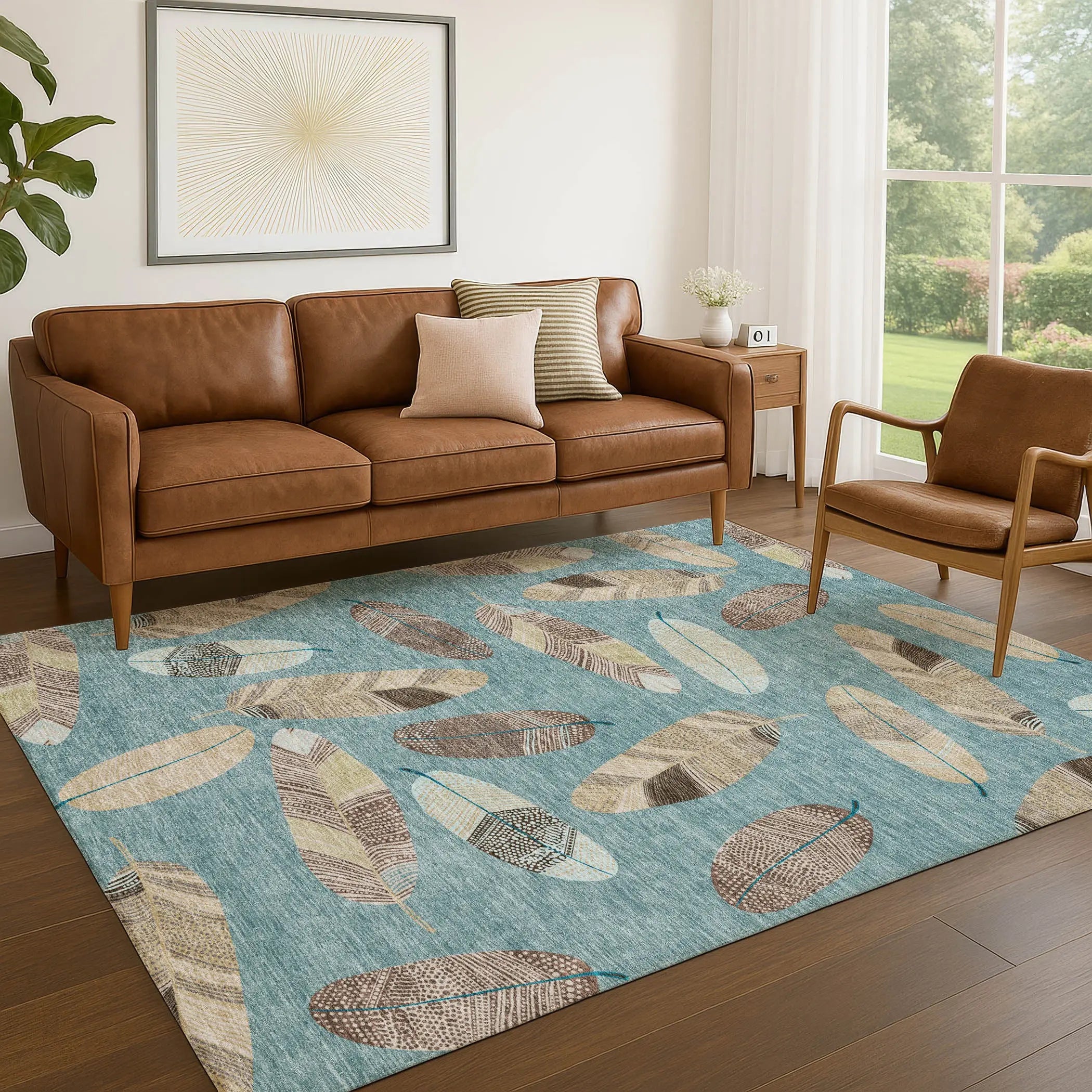3' X 5' Teal Blue And Ivory Botanical Leaves Washable Indoor Outdoor Area Rug Homeroots Outdoor