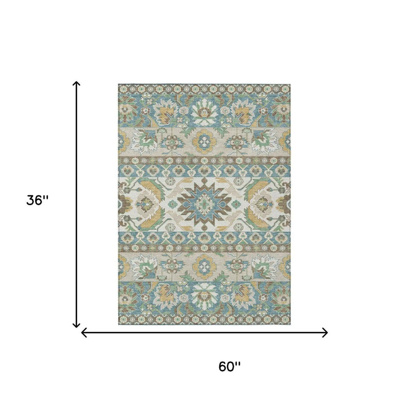 3' X 5' Teal Blue And Ivory Cactus Washable Indoor Outdoor Area Rug Homeroots Outdoor