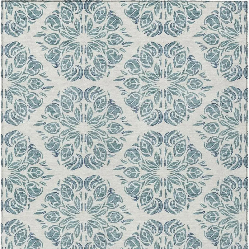 3' X 5' Teal Blue And Ivory Damask Washable Indoor Outdoor Area Rug Homeroots Outdoor