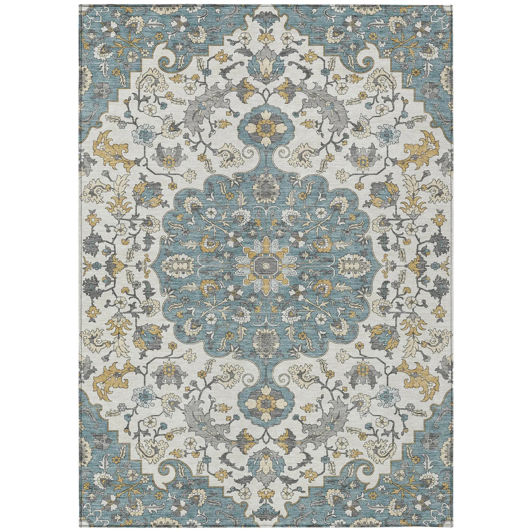 3' X 5' Teal Blue And Ivory Floral Medallion Washable Indoor Outdoor Area Rug Homeroots Outdoor