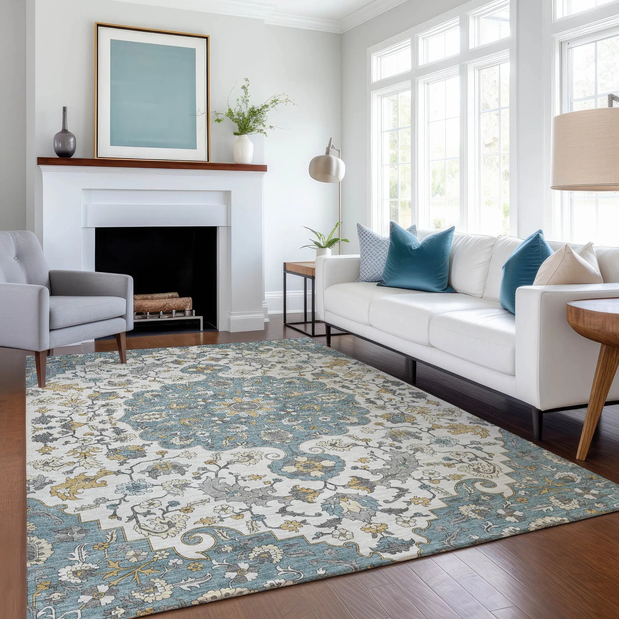 3' X 5' Teal Blue And Ivory Floral Medallion Washable Indoor Outdoor Area Rug Homeroots Outdoor