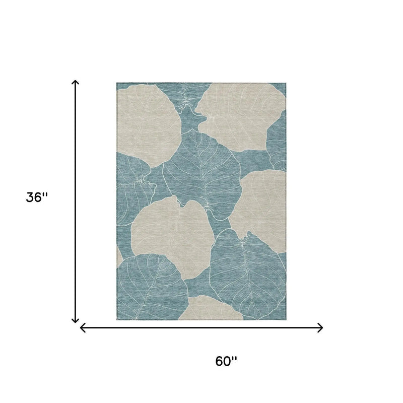 3' X 5' Teal Blue And Ivory Floral Washable Indoor Outdoor Area Rug Homeroots Outdoor