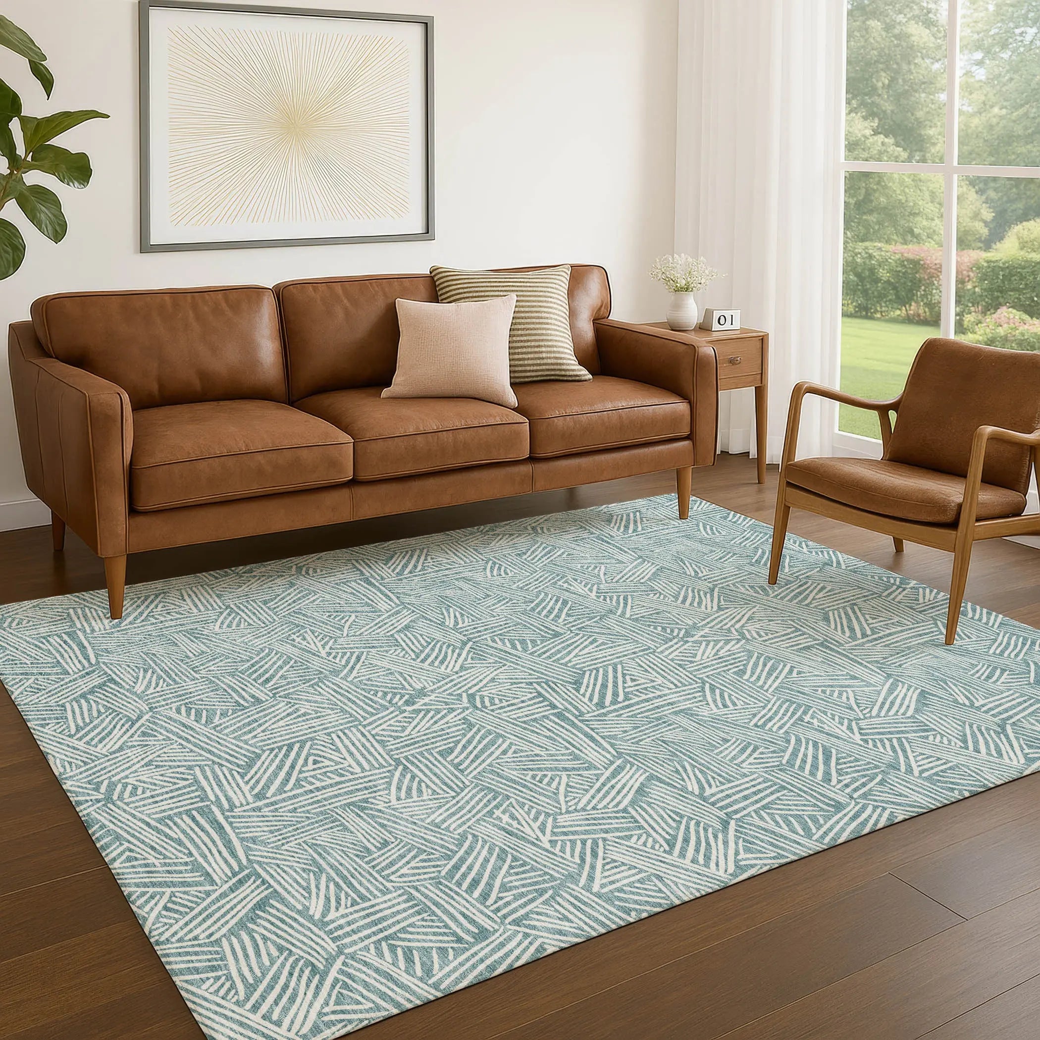 3' X 5' Teal Blue And Ivory Geometric Washable Indoor Outdoor Area Rug Homeroots Outdoor