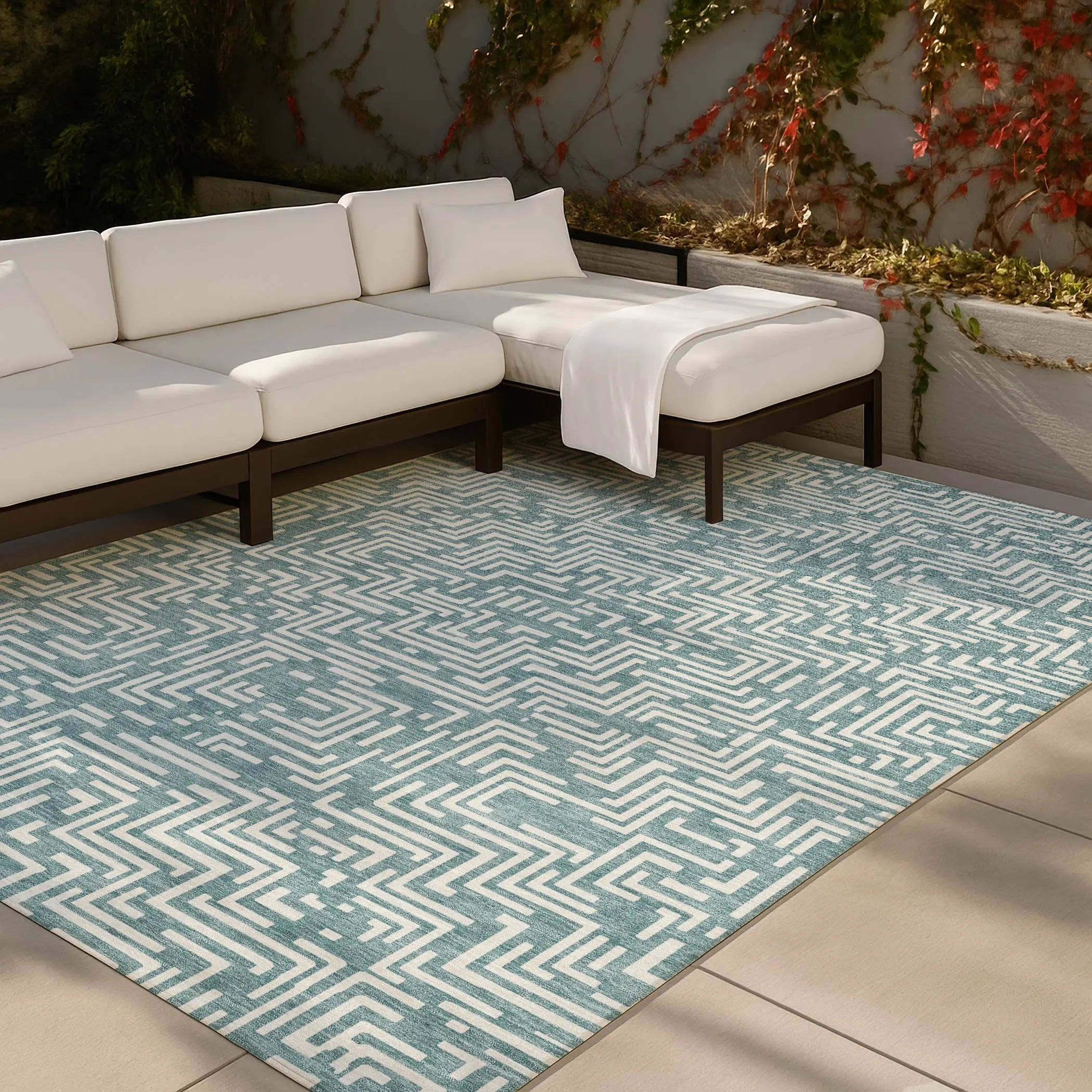 3' X 5' Teal Blue And Ivory Geometric Washable Indoor Outdoor Area Rug Homeroots Outdoor