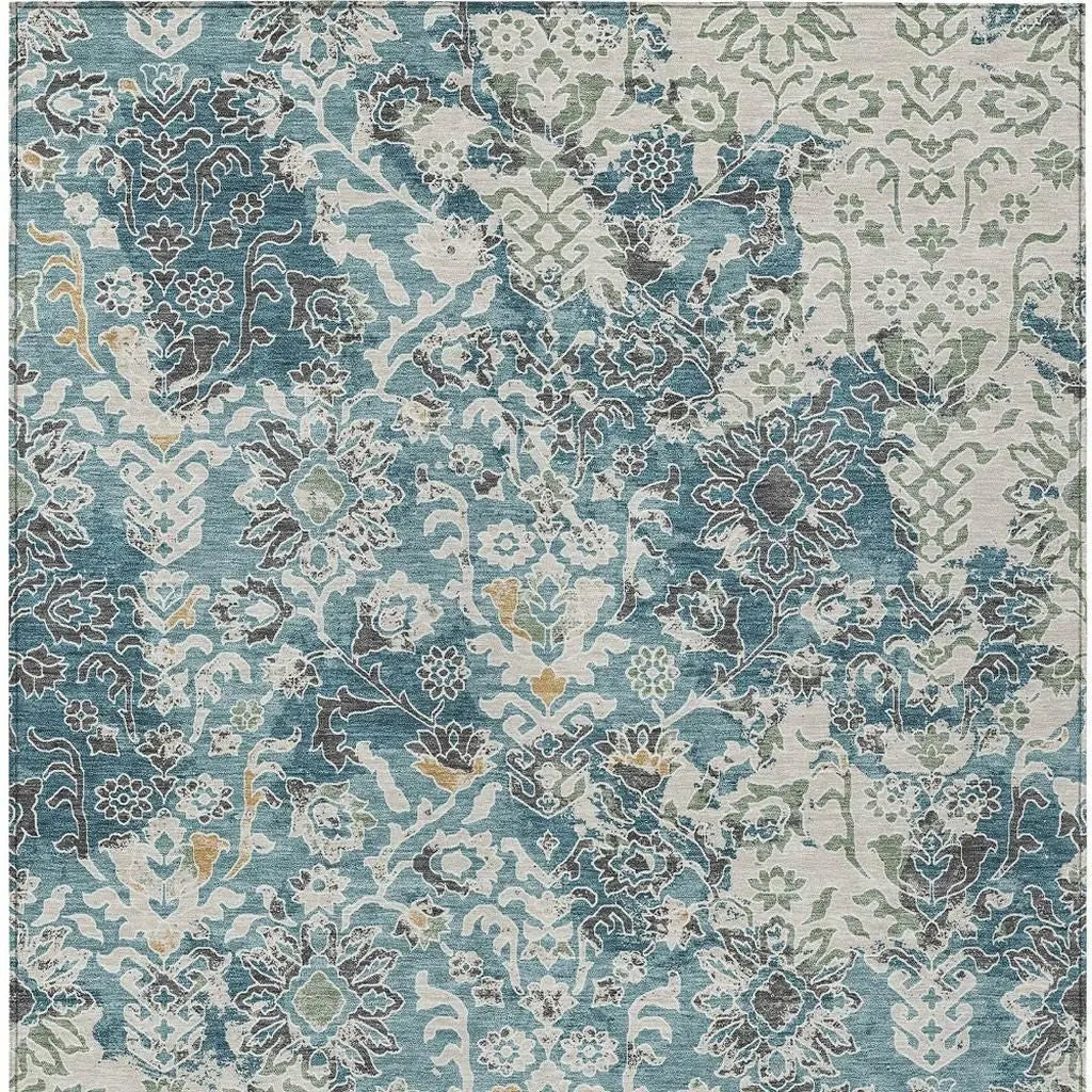3' X 5' Teal Blue And Ivory Geometric Washable Indoor Outdoor Area Rug Homeroots Outdoor