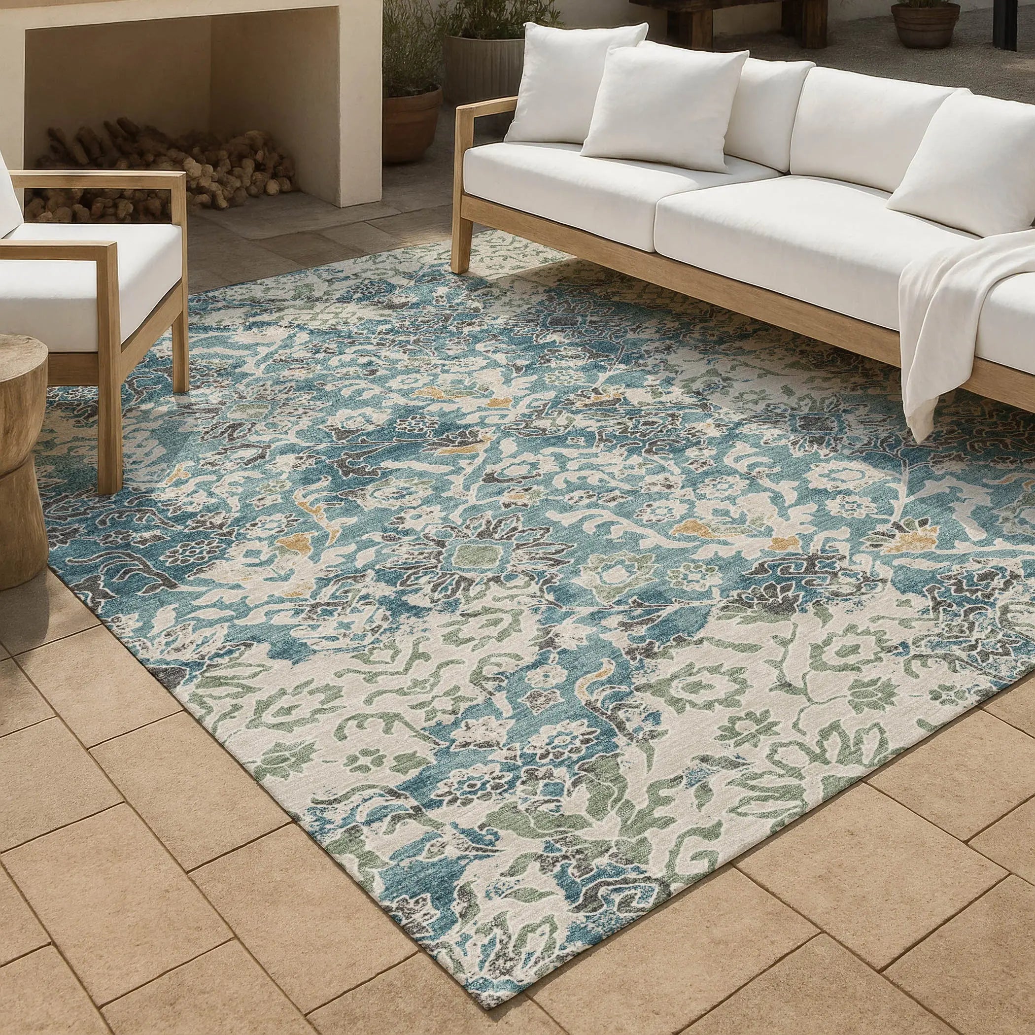 3' X 5' Teal Blue And Ivory Geometric Washable Indoor Outdoor Area Rug Homeroots Outdoor