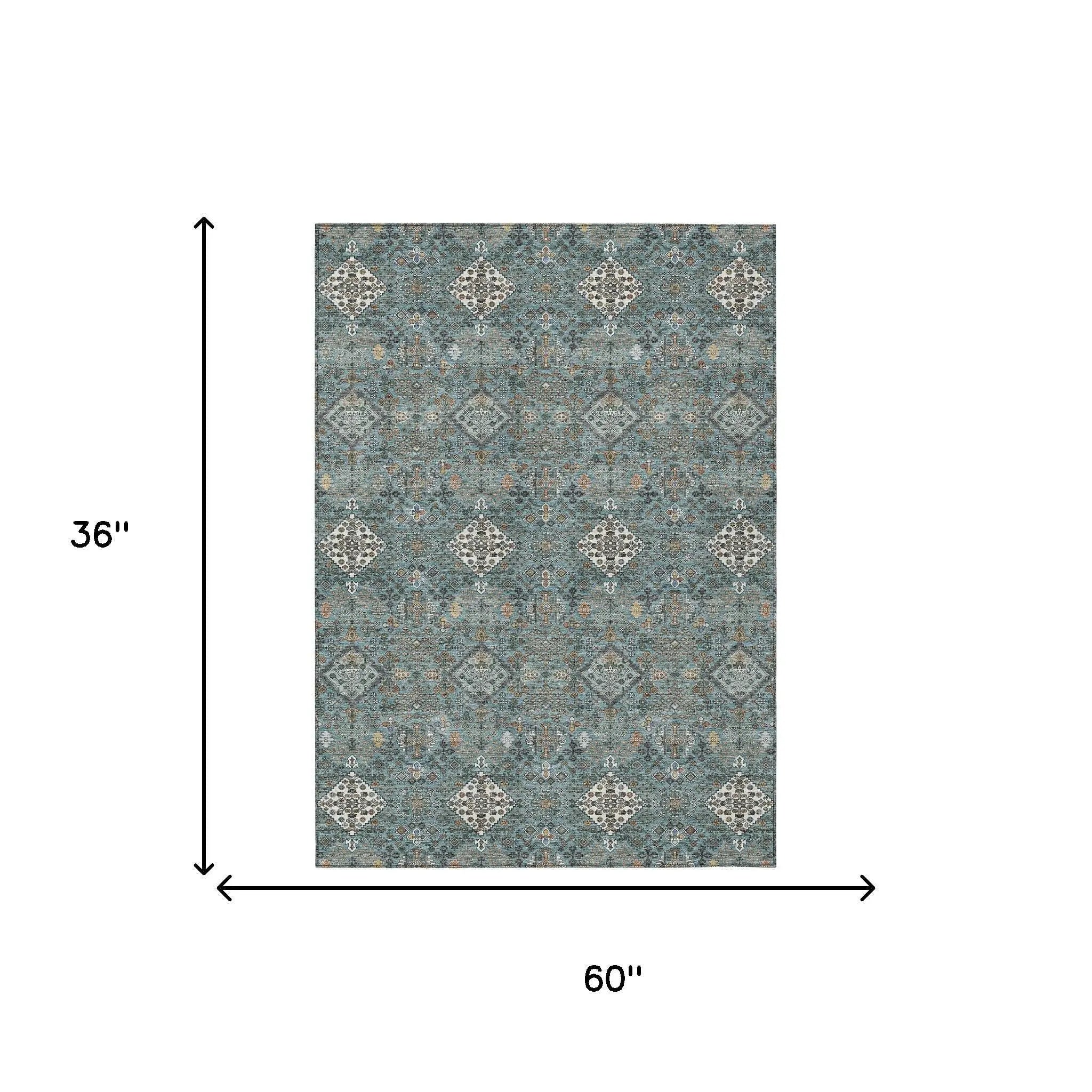 3' X 5' Teal Blue And Ivory Geometric Washable Indoor Outdoor Area Rug Homeroots Outdoor