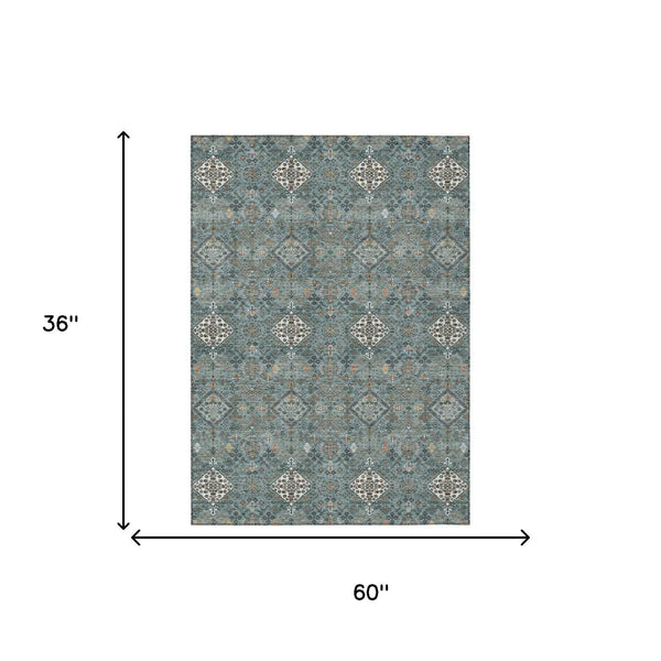 3' X 5' Teal Blue And Ivory Geometric Washable Indoor Outdoor Area Rug Homeroots Outdoor