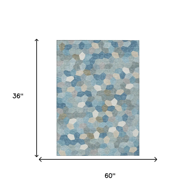 3' X 5' Teal Blue And Ivory Geometric Washable Indoor Outdoor Area Rug Homeroots Outdoor
