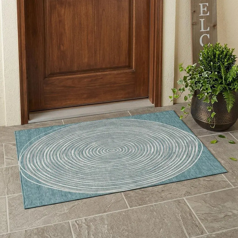 3' X 5' Teal Blue And Ivory Geometric Washable Indoor Outdoor Area Rug Homeroots Outdoor