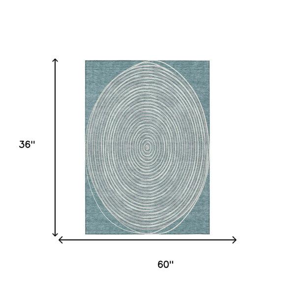 3' X 5' Teal Blue And Ivory Geometric Washable Indoor Outdoor Area Rug Homeroots Outdoor