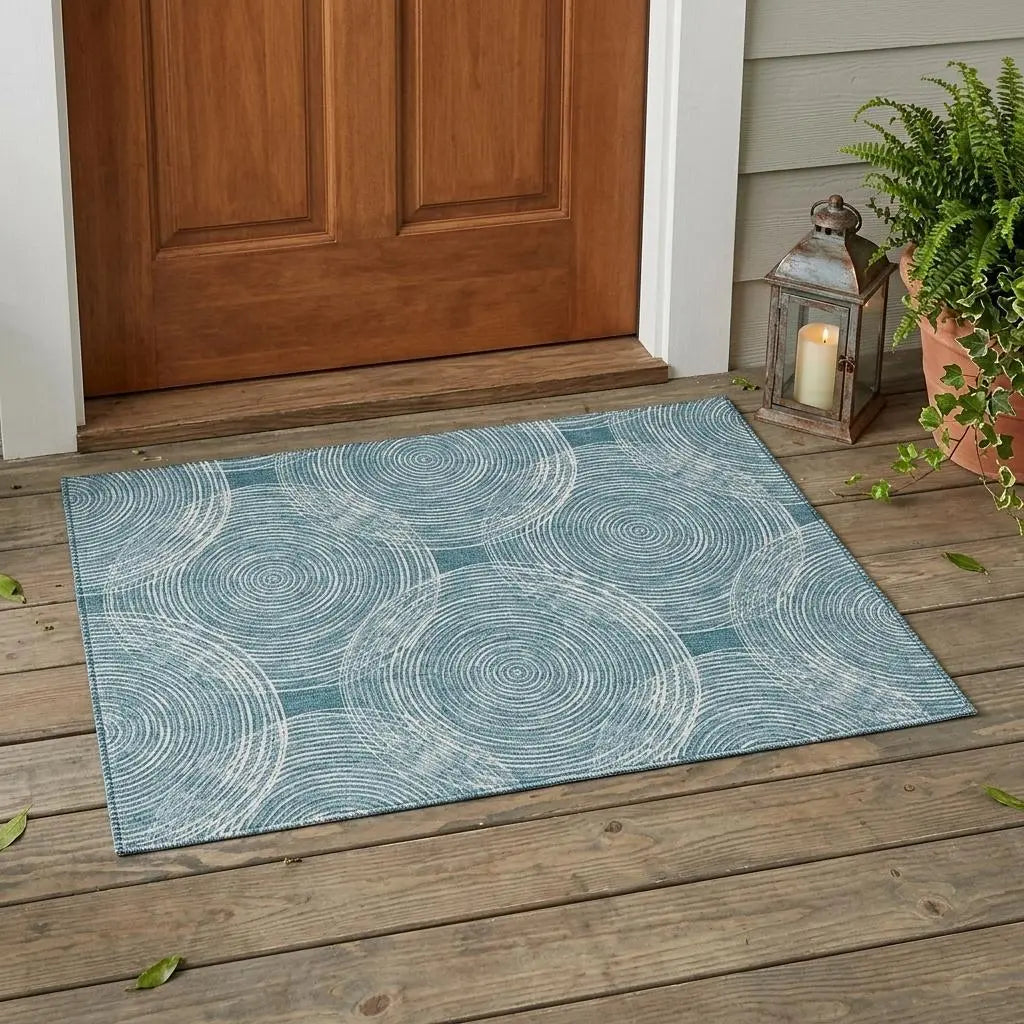 3' X 5' Teal Blue And Ivory Geometric Washable Indoor Outdoor Area Rug Homeroots Outdoor