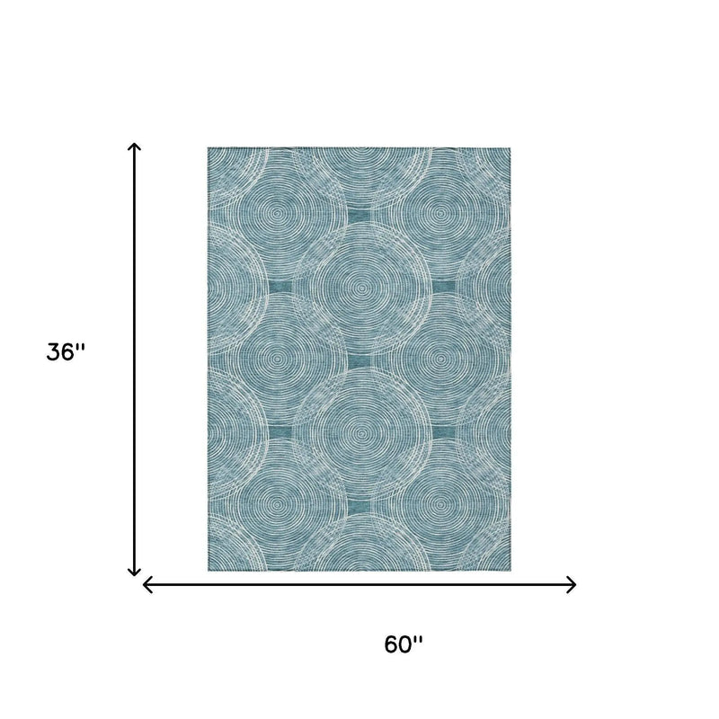 3' X 5' Teal Blue And Ivory Geometric Washable Indoor Outdoor Area Rug Homeroots Outdoor