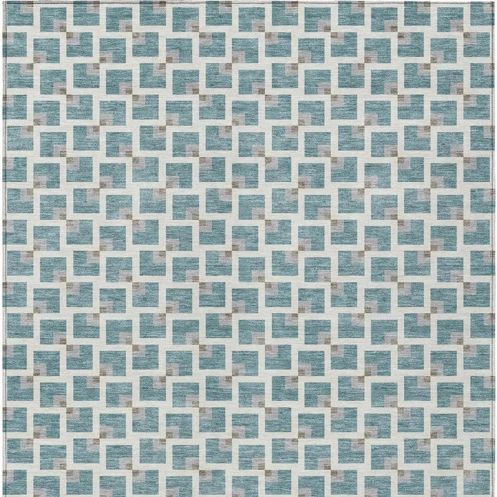 3' X 5' Teal Blue And Ivory Geometric Washable Indoor Outdoor Area Rug Homeroots Outdoor