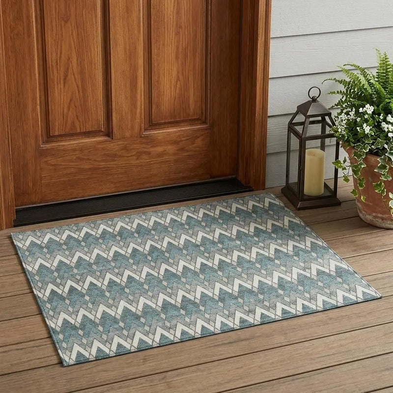 3' X 5' Teal Blue And Ivory Geometric Washable Indoor Outdoor Area Rug Homeroots Outdoor