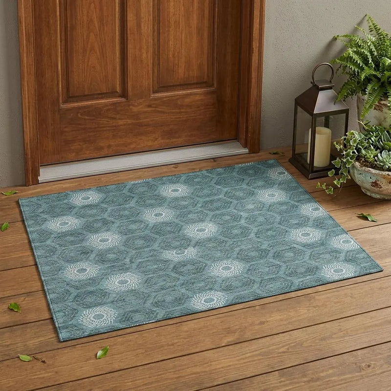 3' X 5' Teal Blue And Ivory Geometric Washable Indoor Outdoor Area Rug Homeroots Outdoor