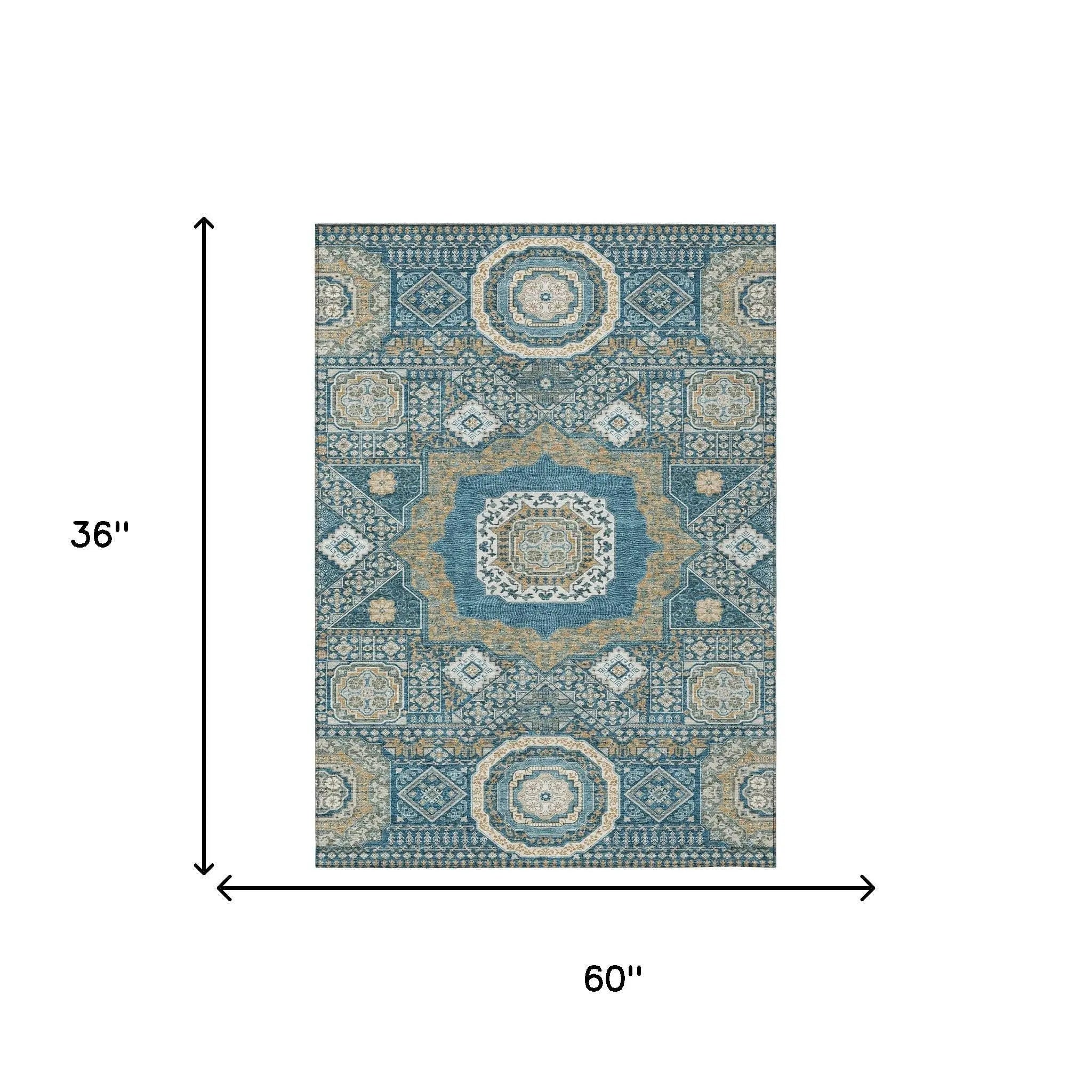 3' X 5' Teal Blue And Ivory Oriental Washable Indoor Outdoor Area Rug Homeroots Outdoor