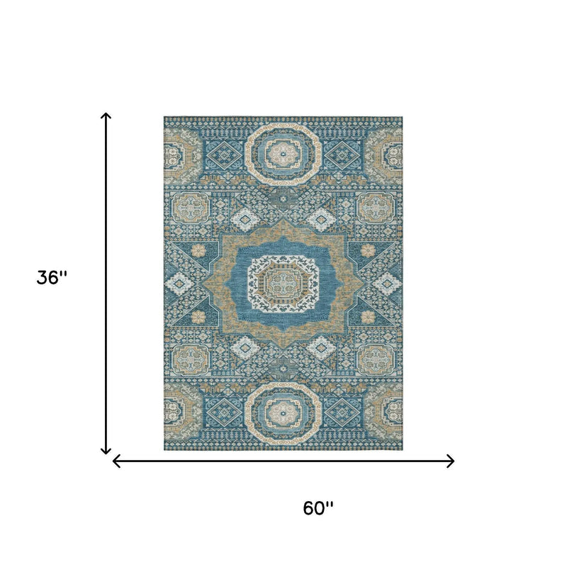 3' X 5' Teal Blue And Ivory Oriental Washable Indoor Outdoor Area Rug Homeroots Outdoor