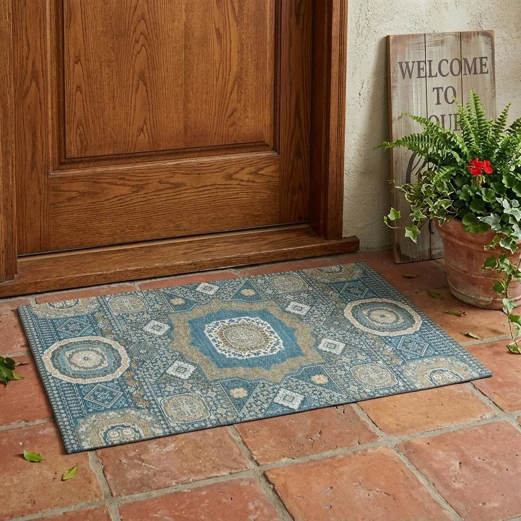 3' X 5' Teal Blue And Ivory Oriental Washable Indoor Outdoor Area Rug Homeroots Outdoor
