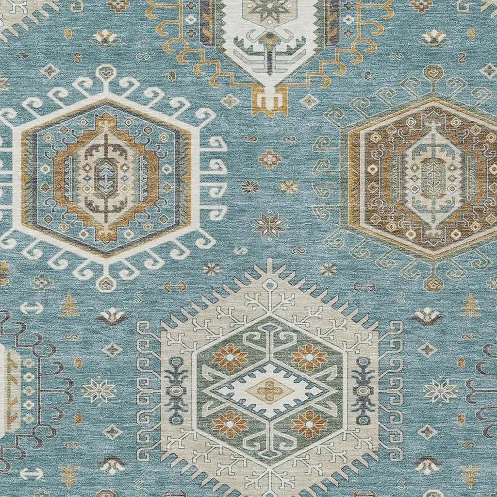3' X 5' Teal Blue And Ivory Tribal Washable Indoor Outdoor Area Rug Homeroots Outdoor