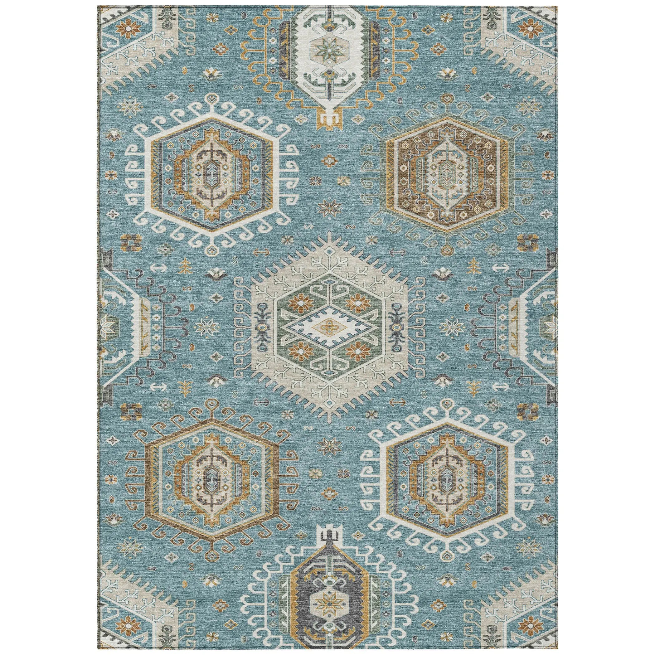3' X 5' Teal Blue And Ivory Tribal Washable Indoor Outdoor Area Rug Homeroots Outdoor