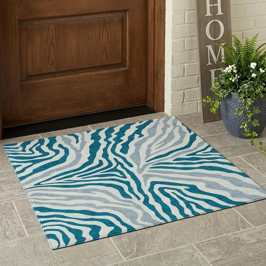 3' X 5' Teal Blue And Ivory Zebra Print Washable Indoor Outdoor Area Rug Homeroots Outdoor
