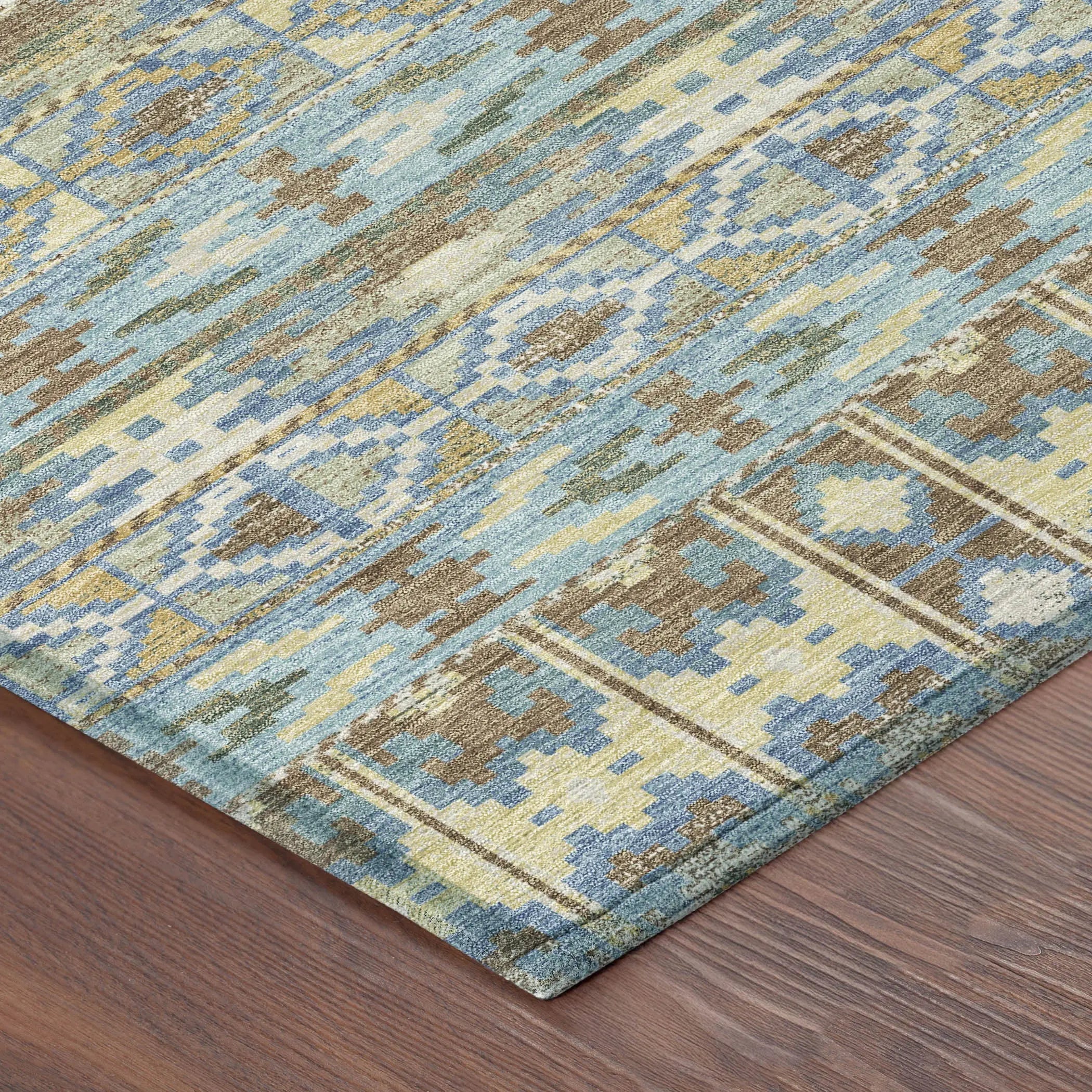 3' X 5' Teal Blue And Khaki Geometric Washable Indoor Outdoor Area Rug Homeroots Outdoor