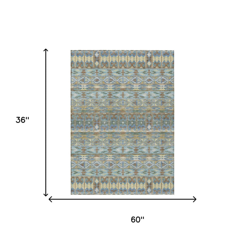 3' X 5' Teal Blue And Khaki Geometric Washable Indoor Outdoor Area Rug Homeroots Outdoor