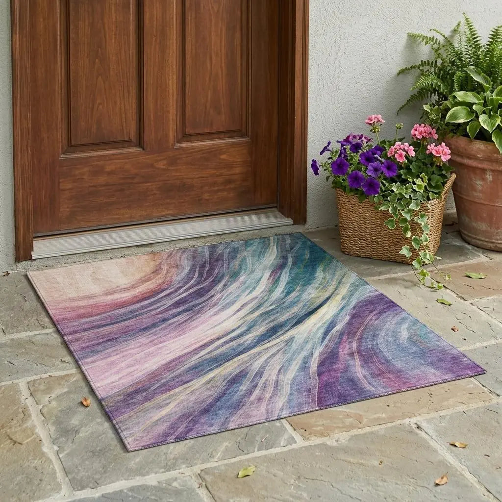 3' X 5' Teal Blue And Lavender Abstract Washable Indoor Outdoor Area Rug Homeroots Outdoor