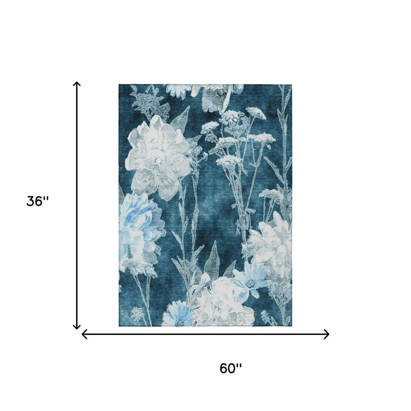 3' X 5' Teal Blue And Navy Blue Floral Washable Indoor Outdoor Area Rug Homeroots Outdoor
