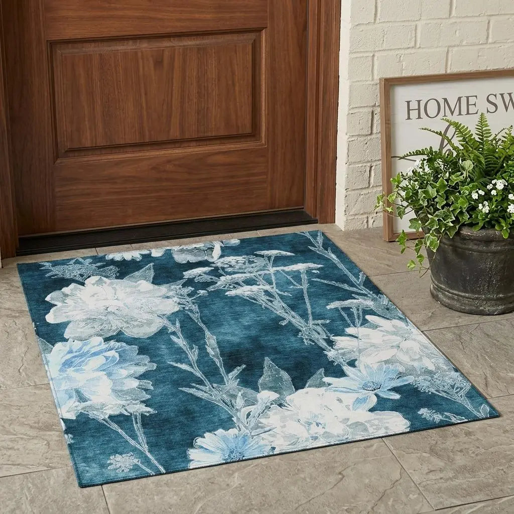 3' X 5' Teal Blue And Navy Blue Floral Washable Indoor Outdoor Area Rug Homeroots Outdoor