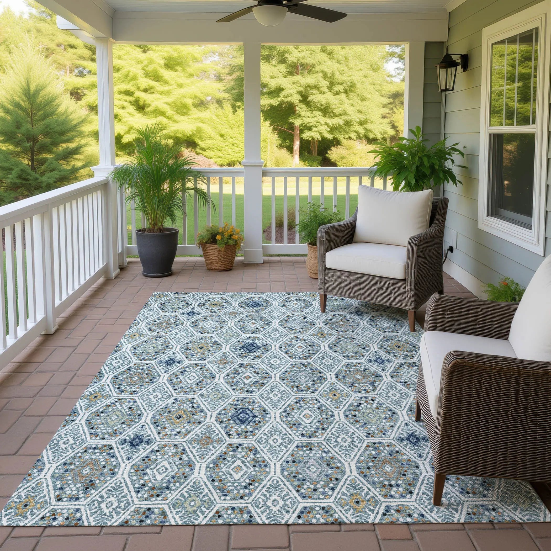 3' X 5' Teal Blue And Navy Blue Geometric Washable Indoor Outdoor Area Rug Homeroots Outdoor