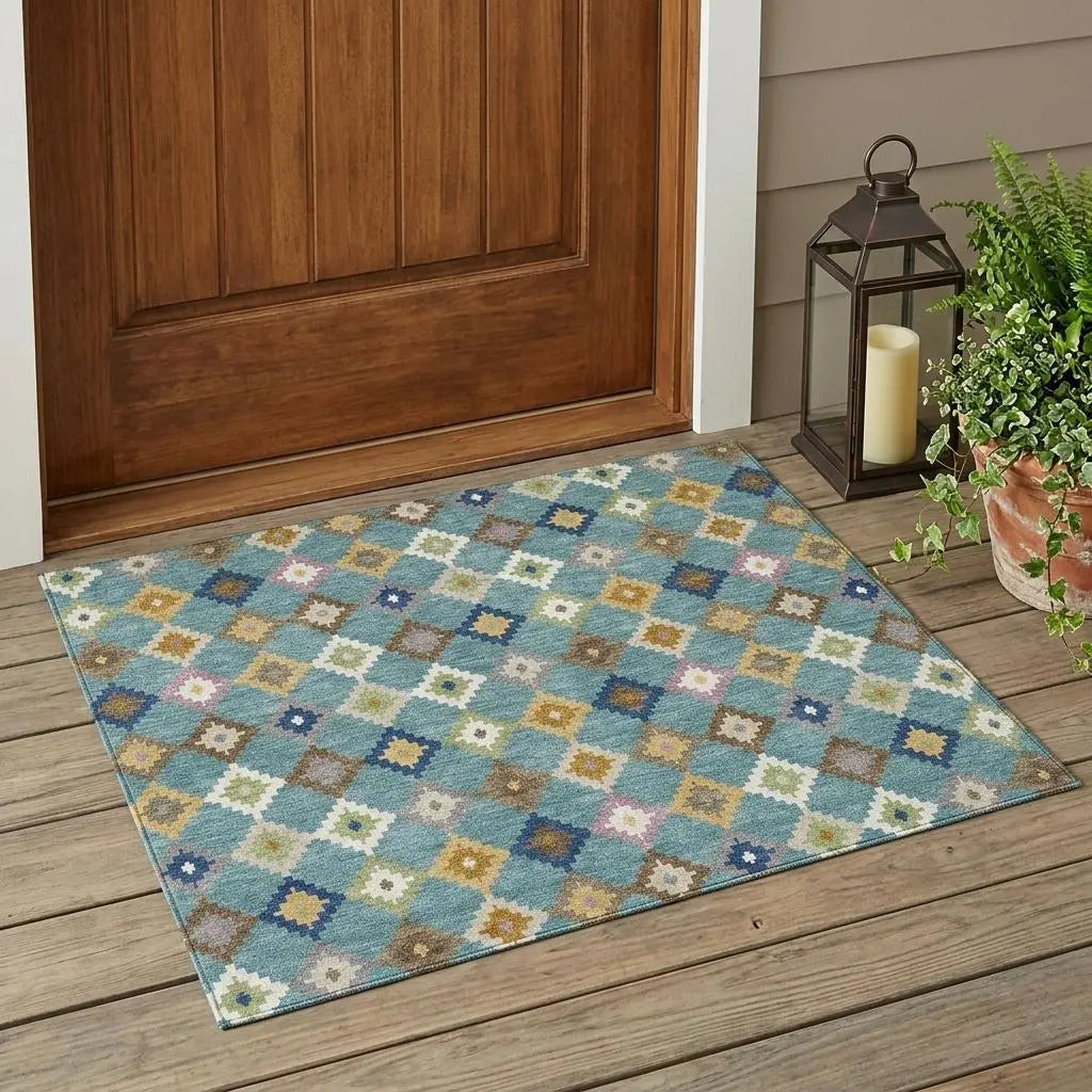 3' X 5' Teal Blue And Orange Aztec Washable Indoor Outdoor Area Rug Homeroots Outdoor