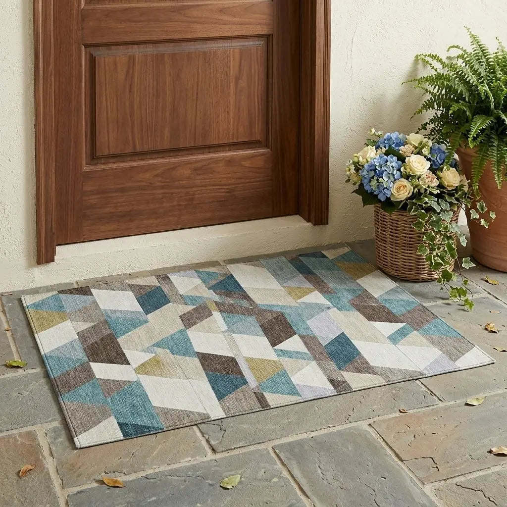 3' X 5' Teal Blue And Pale Aqua Geometric Washable Indoor Outdoor Area Rug Homeroots Outdoor