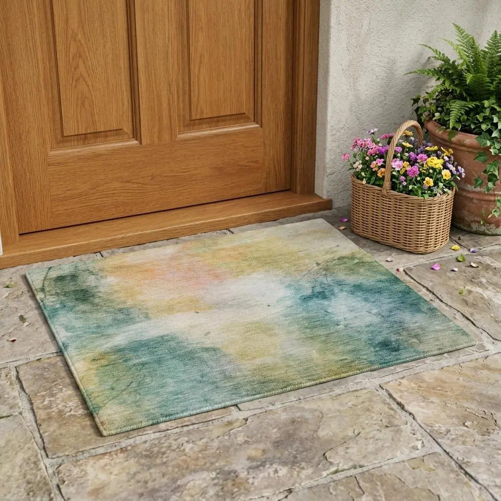 3' X 5' Teal Blue And Peach Abstract Washable Indoor Outdoor Area Rug Homeroots Outdoor