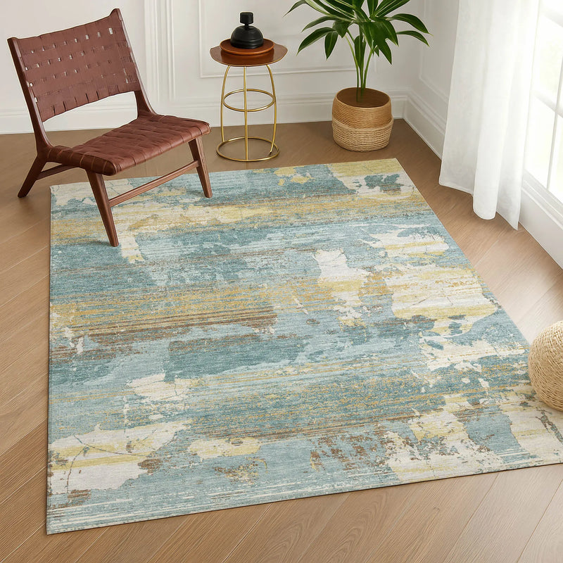 3' X 5' Teal Blue And Pewter Abstract Washable Indoor Outdoor Area Rug Homeroots Outdoor
