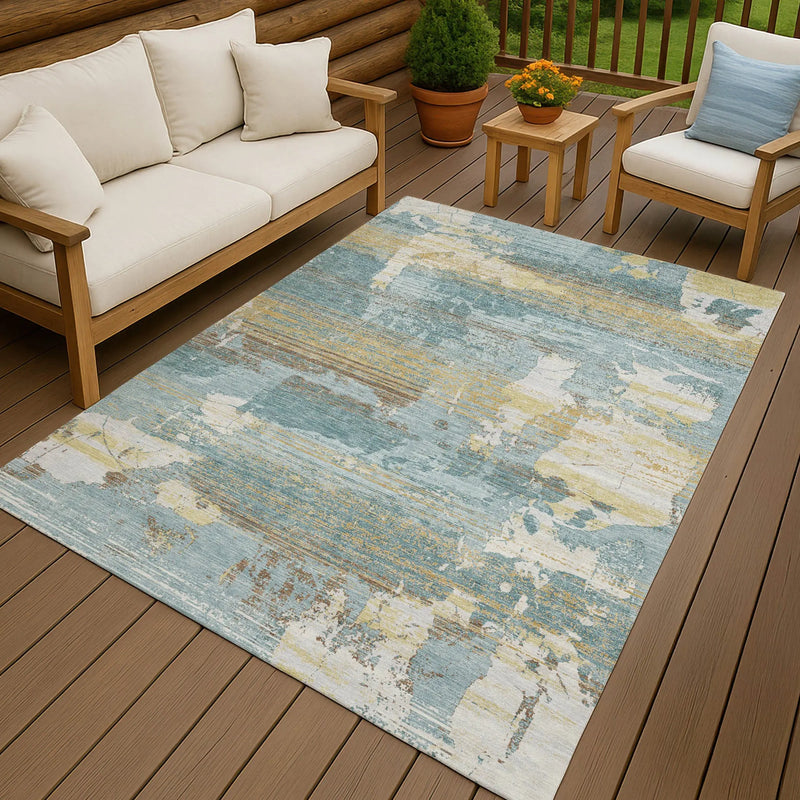 3' X 5' Teal Blue And Pewter Abstract Washable Indoor Outdoor Area Rug Homeroots Outdoor