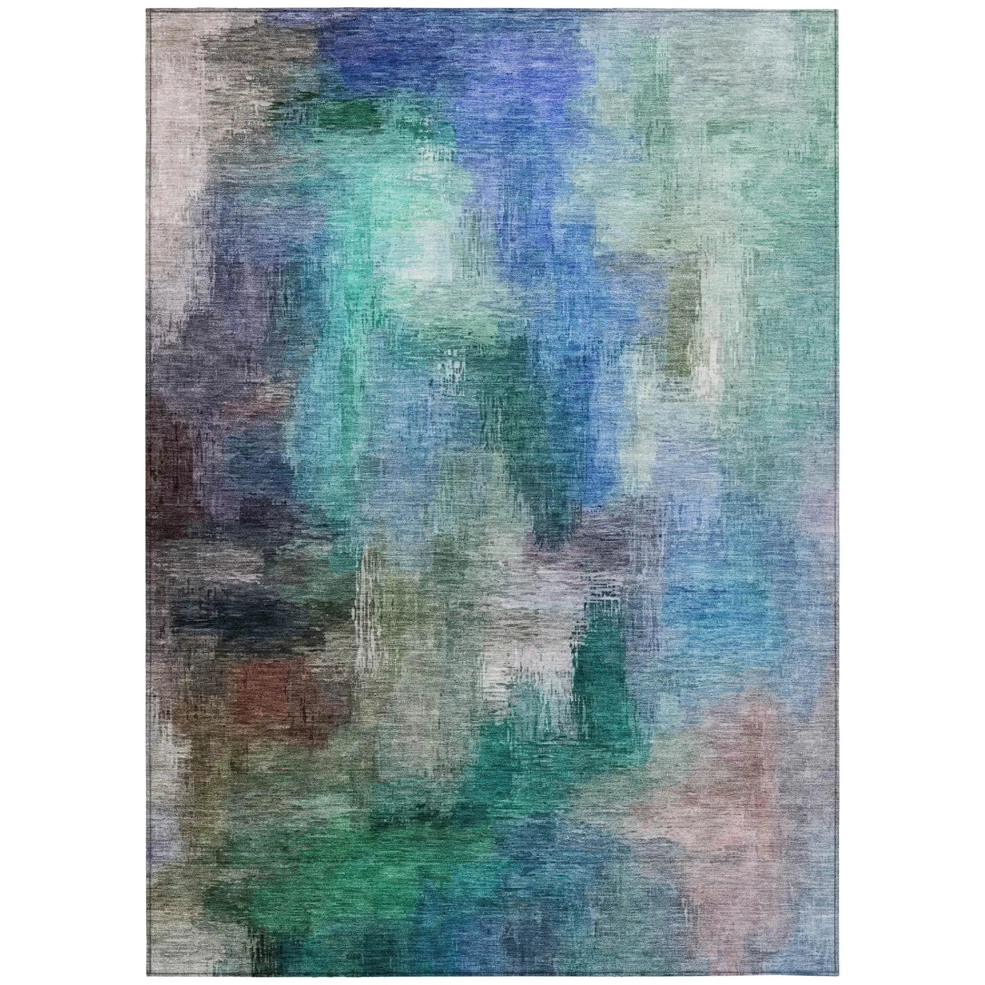3' X 5' Teal Blue And Pewter Abstract Washable Indoor Outdoor Area Rug Homeroots Outdoor