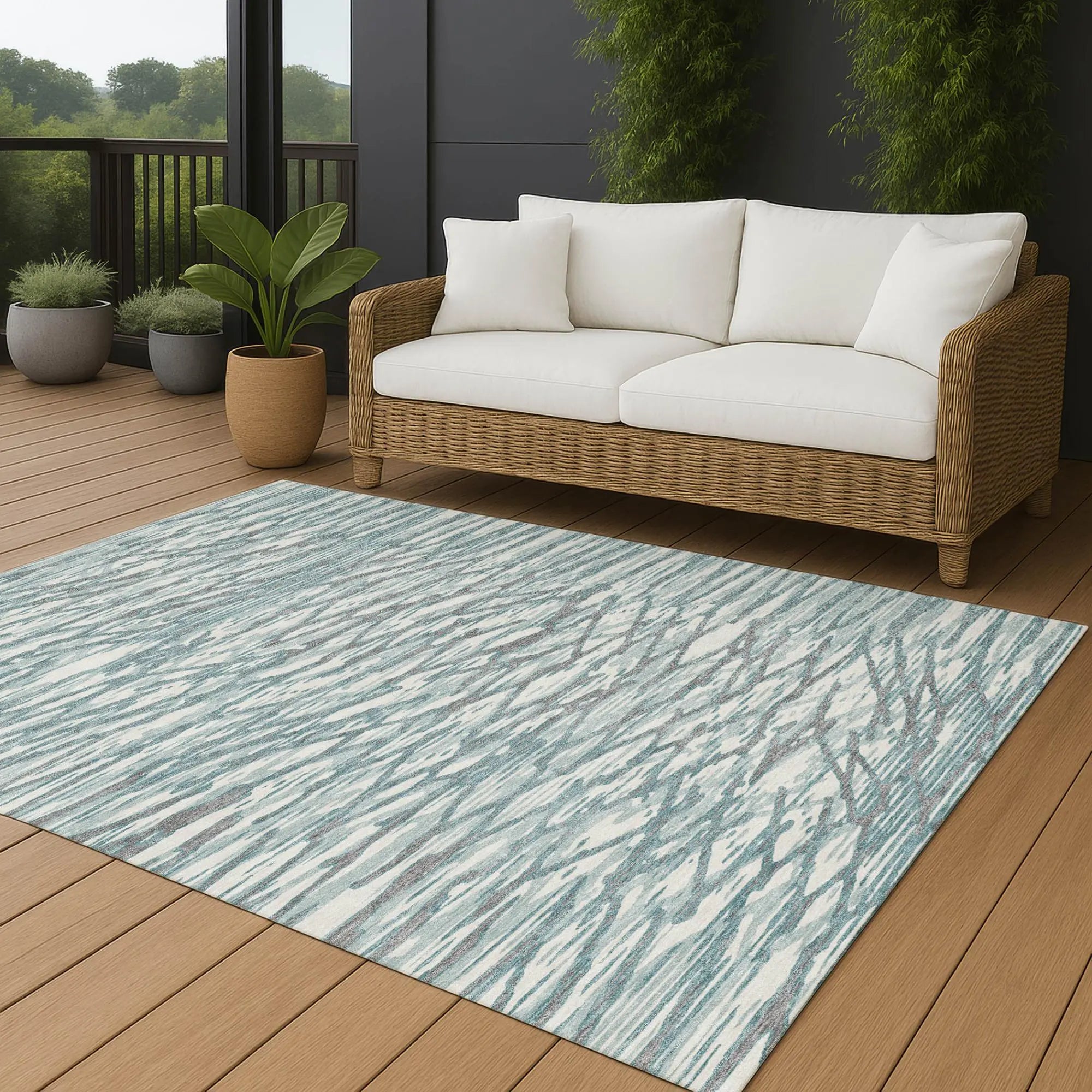 3' X 5' Teal Blue And Pewter Abstract Washable Indoor Outdoor Area Rug Homeroots Outdoor