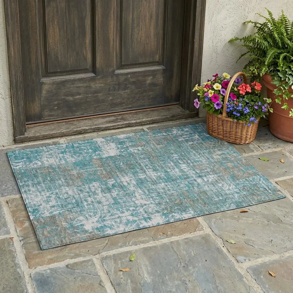 3' X 5' Teal Blue And Pewter Abstract Washable Indoor Outdoor Area Rug Homeroots Outdoor