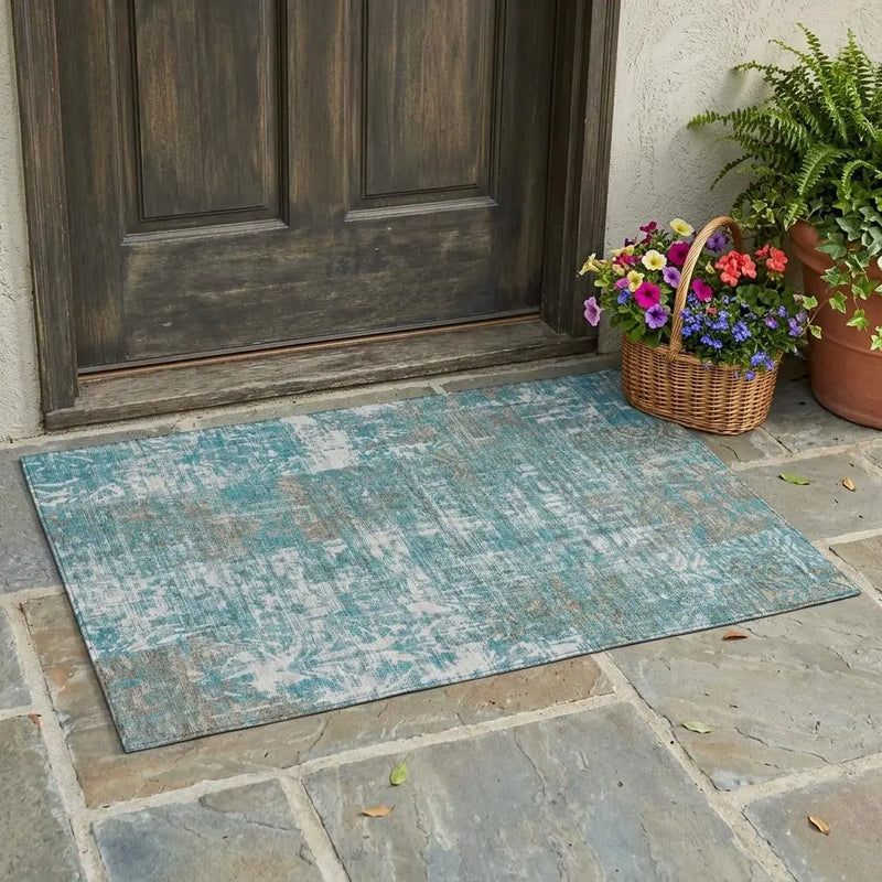 3' X 5' Teal Blue And Pewter Abstract Washable Indoor Outdoor Area Rug Homeroots Outdoor