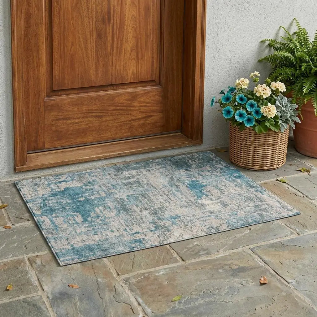 3' X 5' Teal Blue And Pewter Abstract Washable Indoor Outdoor Area Rug Homeroots Outdoor