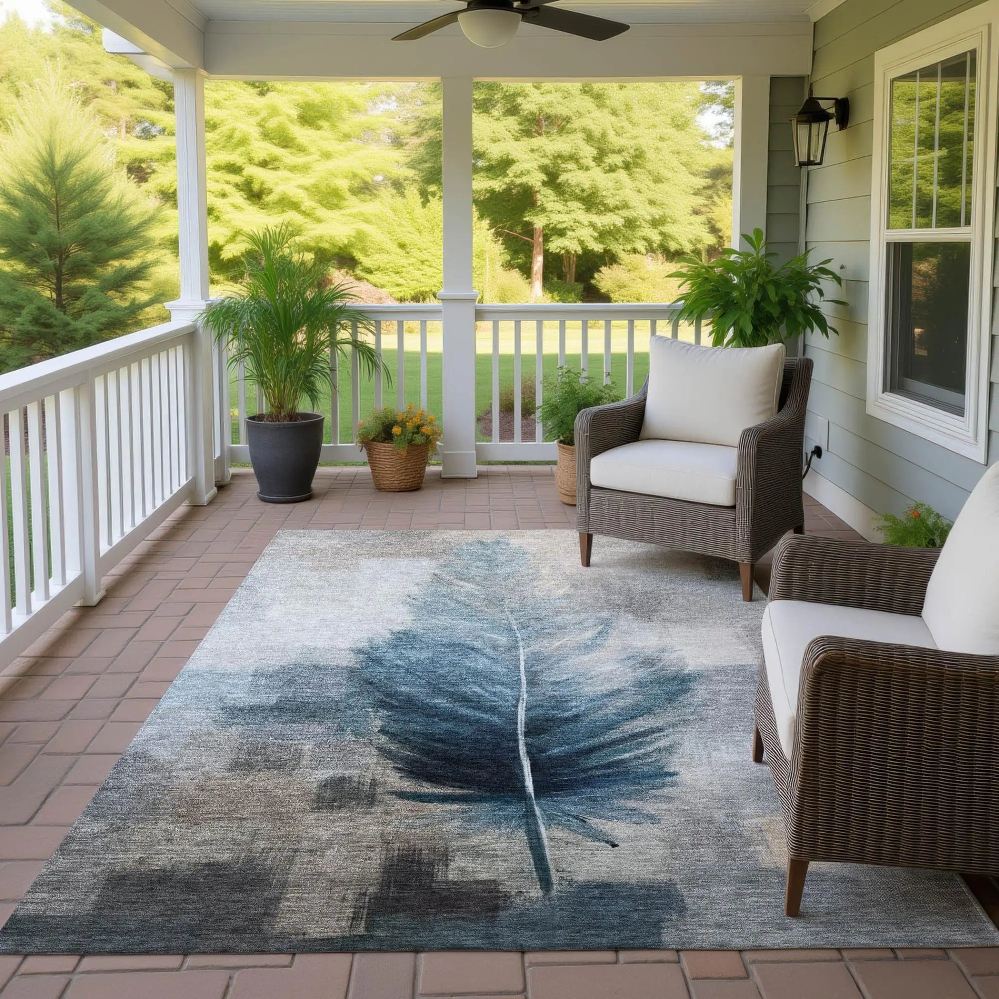 3' X 5' Teal Blue And Pewter Botanical Leaves Washable Indoor Outdoor Area Rug Homeroots Outdoor